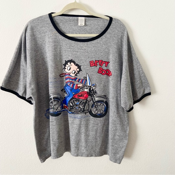 Vintage Tops - Vintage 90s Betty Boop motorcycle ringer T-shirt top gray